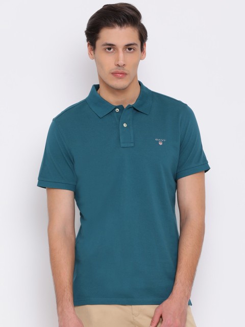 

GANT Men Teal Blue Solid Polo Collar T-shirt