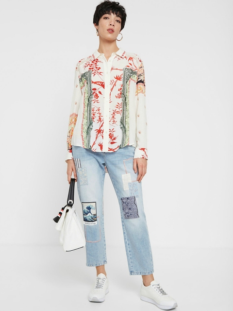 

Desigual Women White & Red Ethnic Regular Fit Printed Casual Shirt