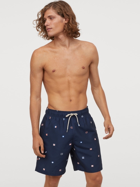 

H&M Men Navy Blue Printed Knee-Length Swim Shorts