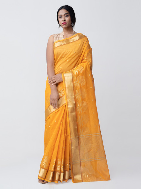 

Unnati Silks Yellow & Gold-Toned Silk Cotton Woven Design Kanjeevaram Saree