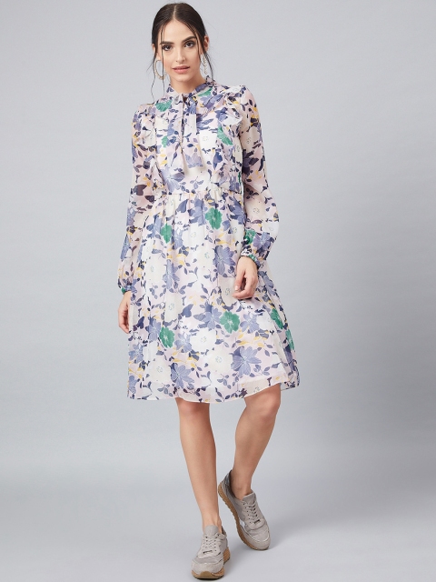 

Athena Women Cream-Coloured & Blue Floral Printed A-Line Dress