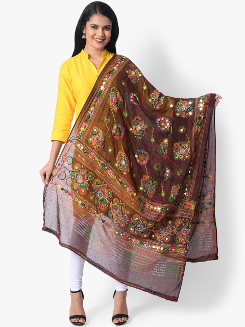 

Vastraa Fusion Coffee Brown & Red Embroidered Dupatta