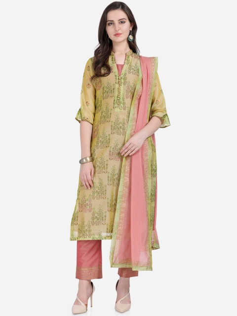 

Stylee LIFESTYLE Green & Pink Art Silk Semi-Stitched Dress Material