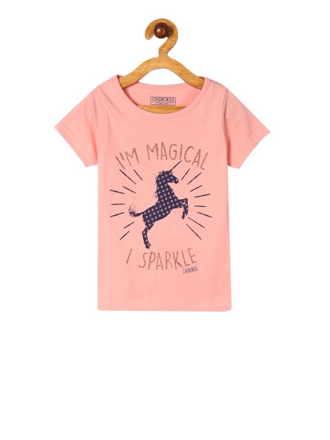 

Cherokee Girls Peach-Coloured Printed Round Neck T-shirt