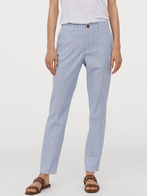 

H&M Women Blue & White Striped Cotton Chinos