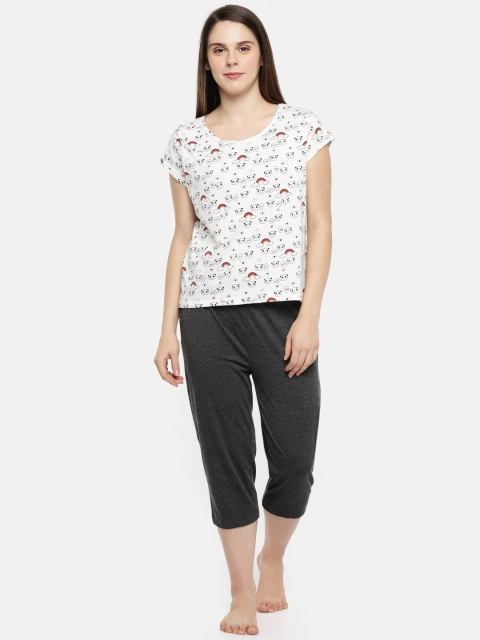 

Dreamz by Pantaloons Women Off-White & Charcoal Grey Printed Night Suit