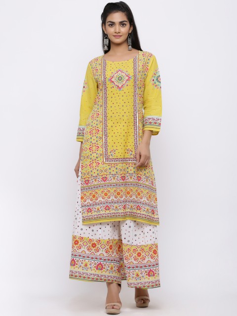 

Juniper Women Mustard & Off-White Printed Kurta with Palazzos
