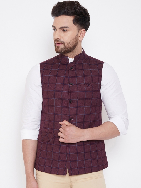 

Spirit Men Burgundy Checked Woven Nehru Jacket