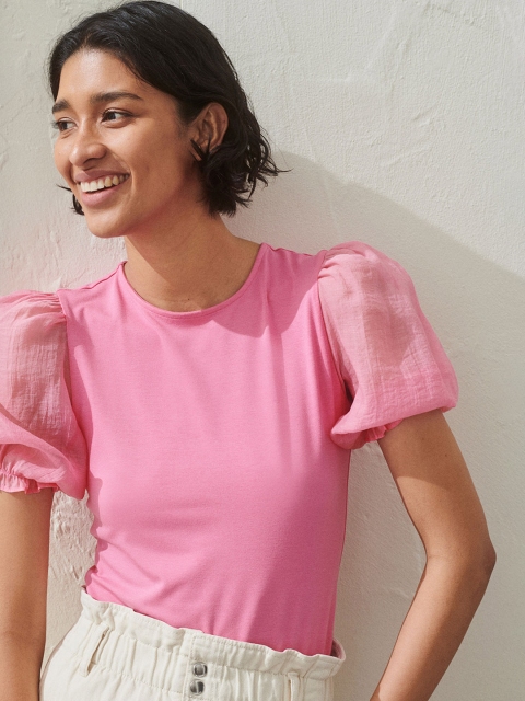 H&M Women Pink Solid Puff-Sleeved Top