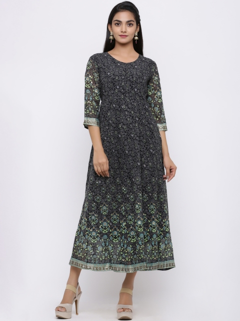 

Juniper Women Black Printed Fit and Flare Kalidar Dress