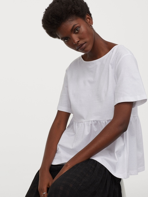 

H&M Women White Solid Styled Back Boat-Necked Jersey Pure Cotton Top