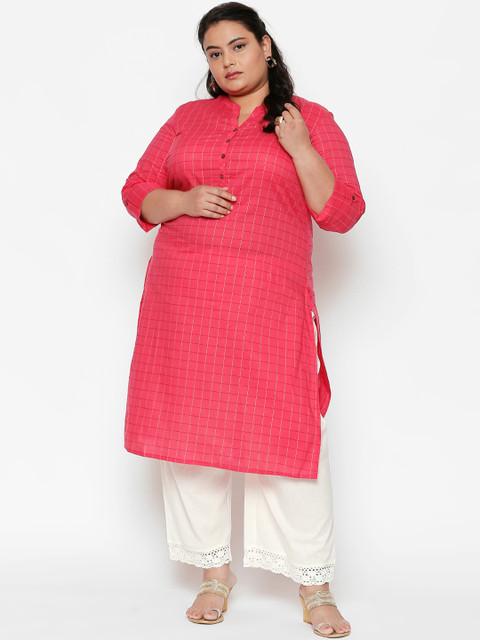 

RANGMANCH PLUS by Pantaloons Women Pink Checked Straight Kurta