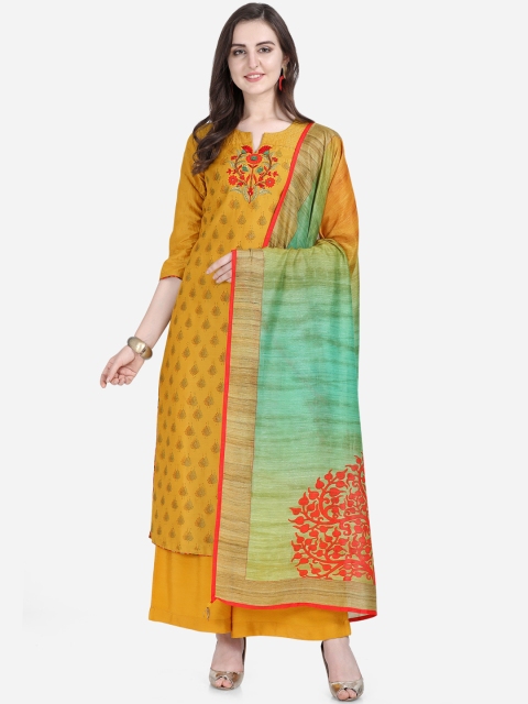Stylee LIFESTYLE Yellow & Red Art Silk Semi-Stitched Dress Material