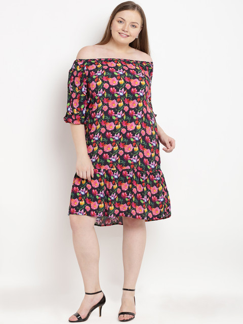 

The Pink Moon Plus Size Women Black Pink Floral Printed Off Shoulder Drop-Waist Dress