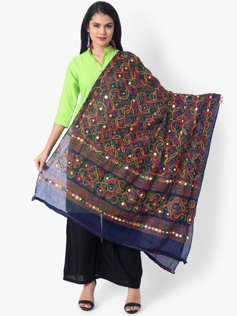 

Vastraa Fusion Navy Blue & Red Embroidered Pure Cotton Dupatta