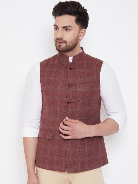 

Spirit Men Maroon Checked Woven Nehru Jacket