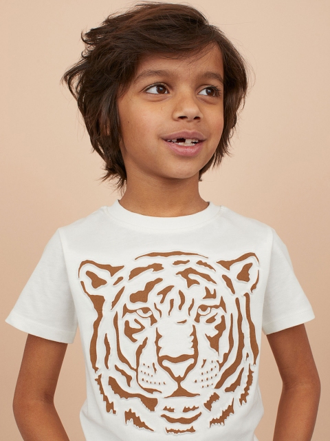 H&M Boys White Printed Motif-Front T-shirt