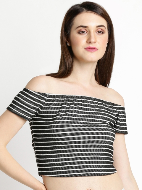 

Forever Glam by Pantaloons Women Black & White Striped Knitted Crop Bardot Top