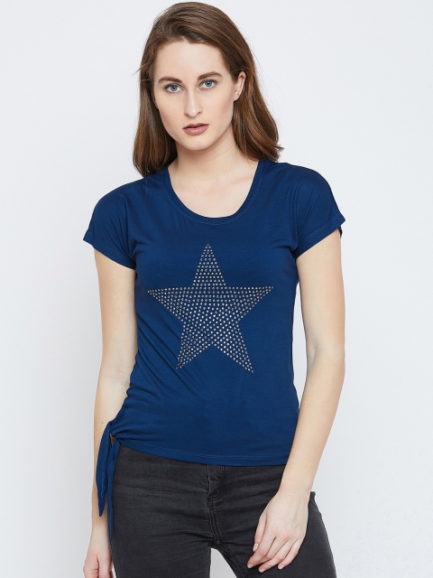

PUNK Women Blue Embellished Round Neck T-shirt