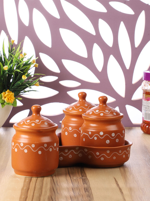 

CDI Set of 3 Brown Printed Jars with Lids & Holder
