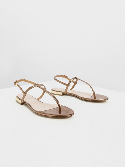 

CHARLES & KEITH Women Bronze-Toned Solid T-Strap Flats
