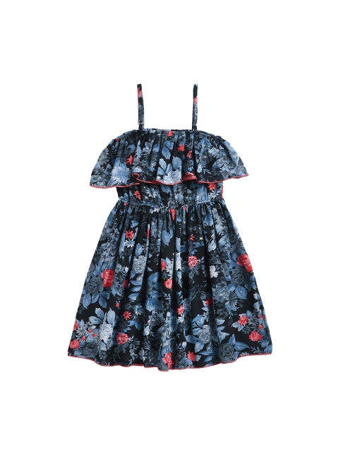 

KIDSCRAFT Girls Blue & Red Floral Printed Fit and Flare Dress