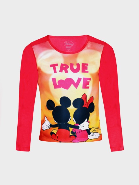 

Kids Ville Girls Red Mickey & Minnie Mouse Printed Round Neck T-shirt