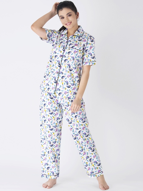 

ADORENITE Women White & Blue Printed Night suit