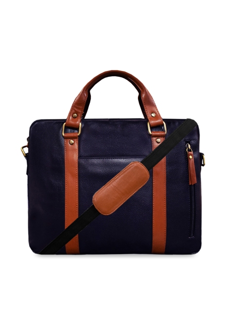 

ABYS Unisex Navy Blue & Tan Colorblocked 14 inch leather Laptop Bag