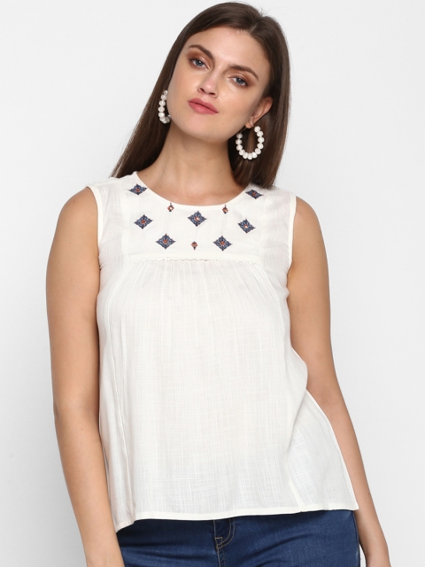 Teal19 White Color Solid Embroidered Top