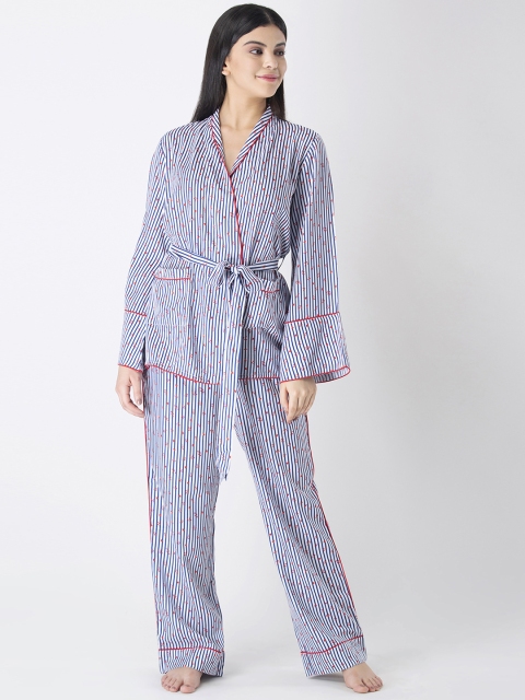 

ADORENITE Women White & Blue Striped Night Suit