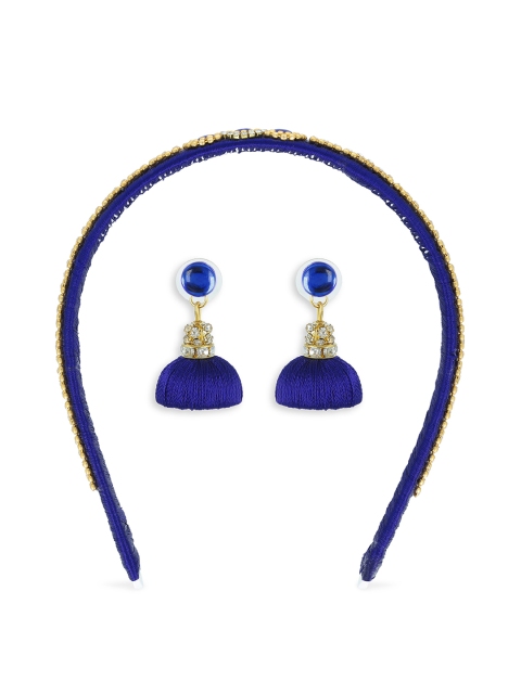 

AKSHARA Set of Blue & Gold-Toned Dome Shaped Handcrafted Jhumkas With Hairband