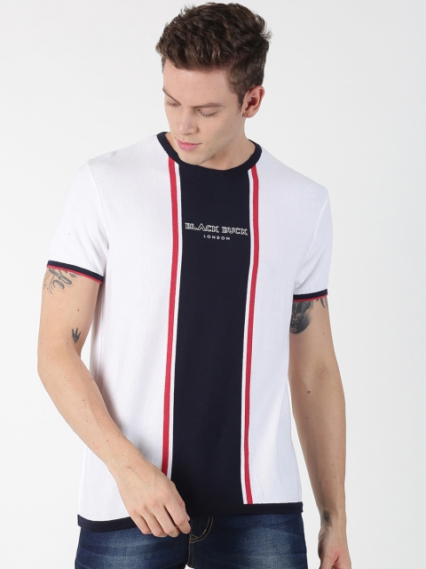 

BLACK BUCK Men White & Navy Blue Colourblocked Round Neck T-shirt