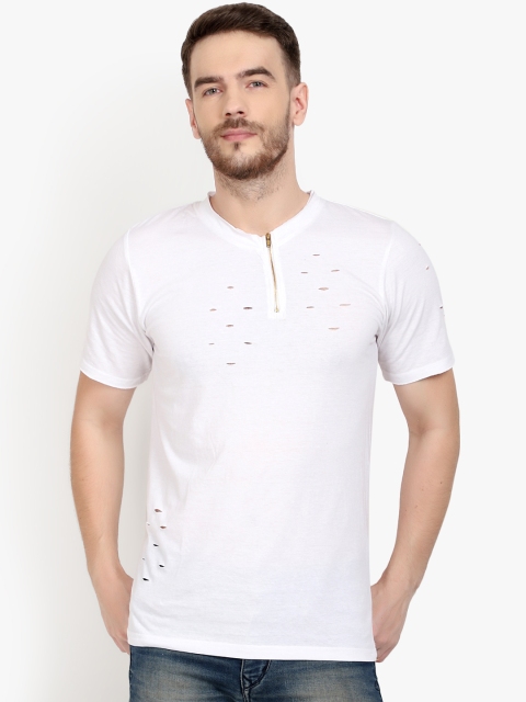 

PAUSE SPORT Men White Cut Work Round Neck T-shirt