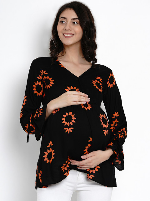 

Mine4Nine Women Black & Orange Floral Printed Wrap Top
