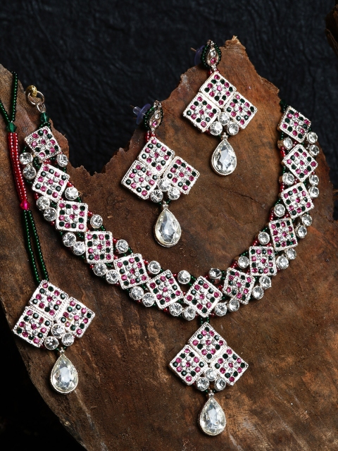 

ANIKAS CREATION Silver-Toned & Green Artificial Stone-Studded Jewellery Set