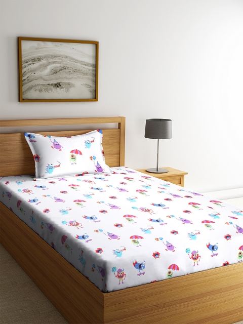

SWHF White Conversational 180 TC Cotton 1 Single Bedsheet with 1 Pillow Covers
