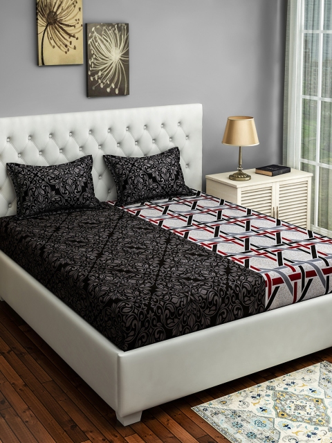 

SWAYAM Black & White Floral 160 TC Cotton 1 Queen Bedsheet with 2 Pillow Covers