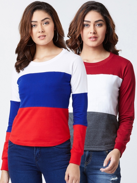 

The Dry State Women Pack Of 2 Blue & Red Colourblocked Round Neck T-shirt