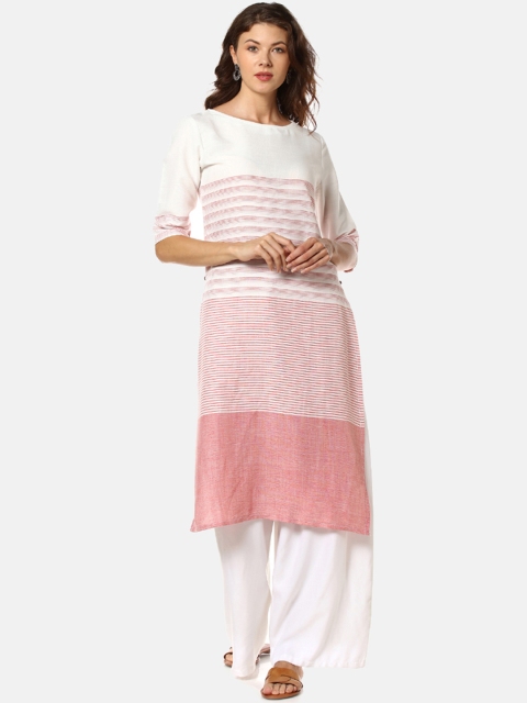 

Instafab Women White & Brown Striped Straight Kurta