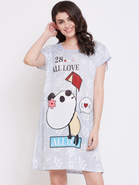 Camey Women Grey & White All-Over Print Sleep Shirt