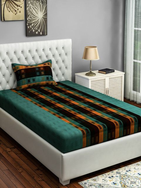 

SWAYAM Blue & Brown Geometric 180 TC Cotton 1 Single Bedsheet with 1 Pillow Covers
