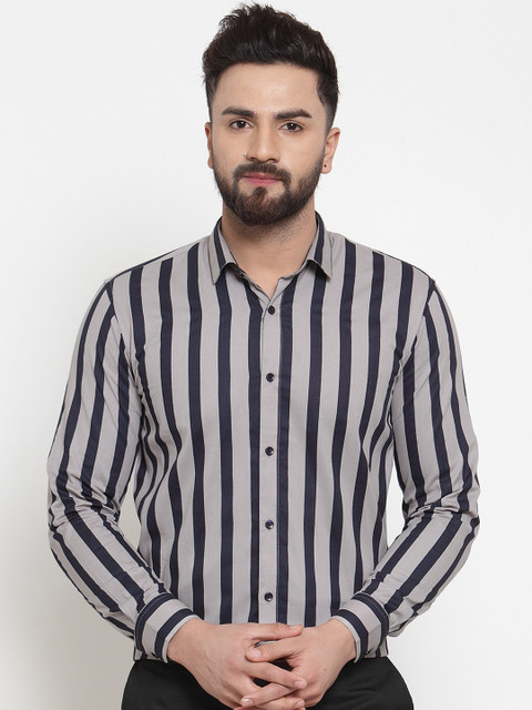 

JAINISH Men Grey & Navy Blue Regular Fit Striped Formal Shirt