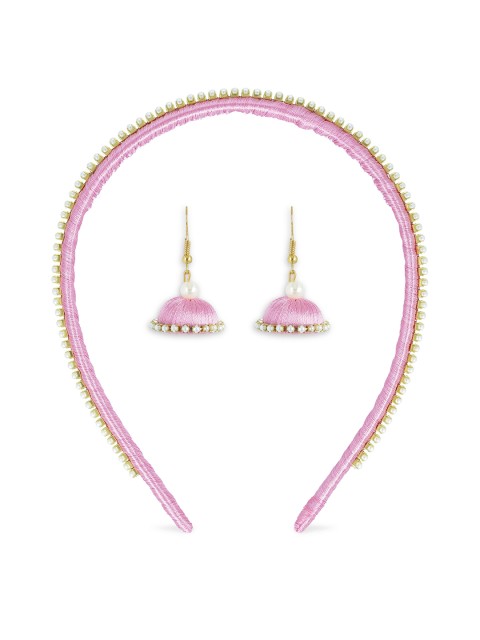 

AKSHARA Girls Pink Set of 2 Beaded Hairband & A Pair of Earrings