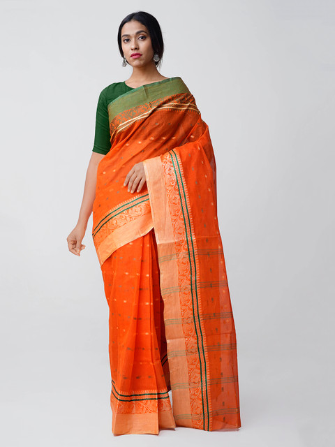 

Unnati Silks Orange Pure Cotton Woven Design Taant Handloom Saree