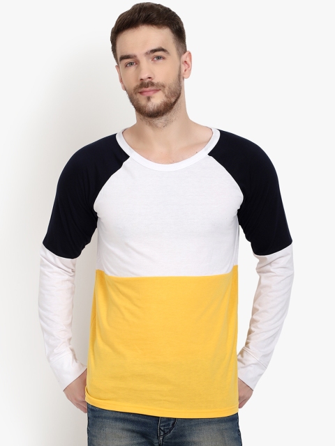 PAUSE SPORT Men White & Yellow Colourblocked Round Neck T-shirt