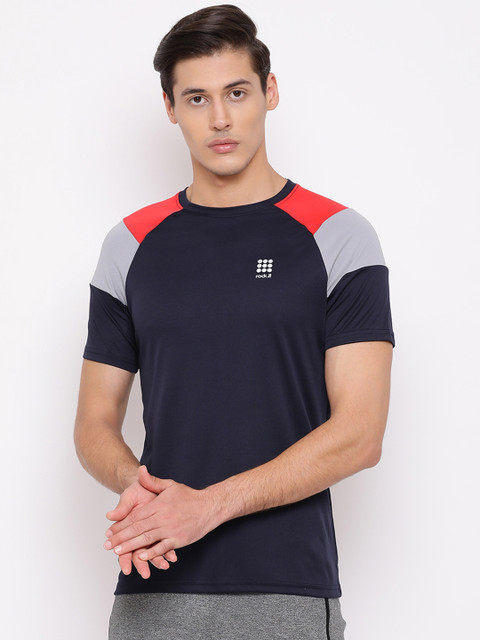 

rock.it Men Navy Blue & Red Colourblocked Round Neck T-shirt