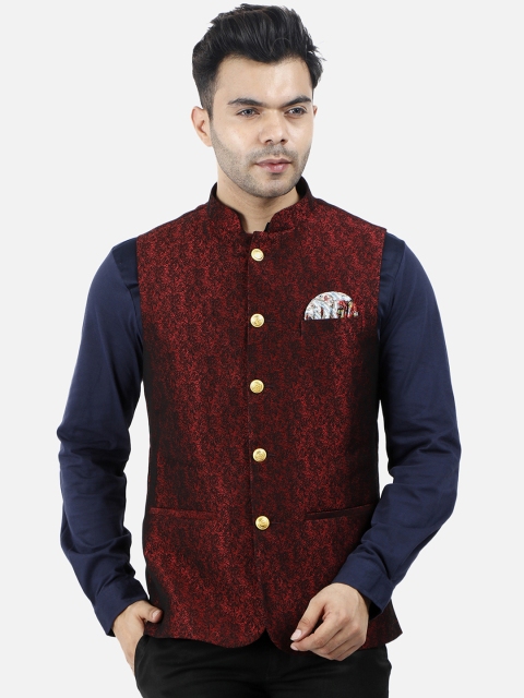 

Wintage Men Red Woven Design Satin Nehru Jacket