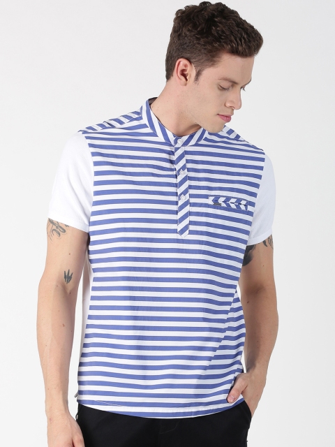 

BLACK BUCK Men White & Blue Striped Mandarin Collar T-shirt