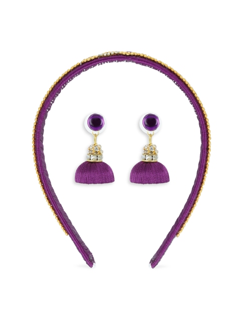 

AKSHARA Set of Purple & Gold-Toned Dome Shaped Handcrafted Jhumkas With Hairband